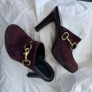 Coach Burgundy Suede Horsebit Mule Heels
